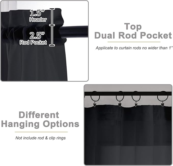 Black Sheer Curtain for Bedroom Living Room 72 Inches Long 2 Panels Set, Solid Soft Airy Light Filtering Sheer Window Curtains, Modern Rod Pocket Door Curtain, Black, 42" Wx72 L Inches