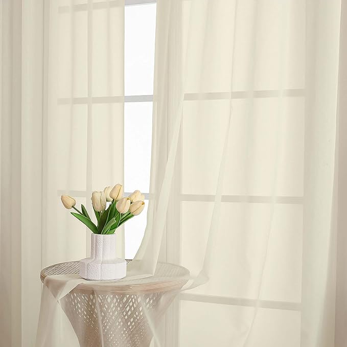 Lecloud Cream Sheer Curtains 63 Inch Length 2 Panels, Rod Pocket Light Filtering Bedroom Curtains for Living Room, Window Treatments Solid Voile Drapes for Bathroom, Each Panel 59" W x 63" L