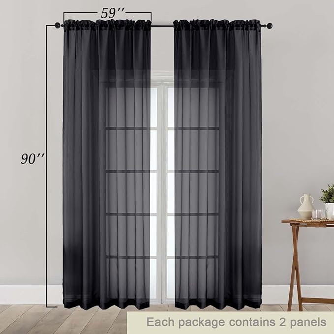 Black Sheer Curtains 90 Inches Long 2 Panels Set for Bedroom Living Room, Soft Airy Light Filtering Modern Solid Rod Pocket Drapes Window Treatments, Black, Each 59" W x 90" L