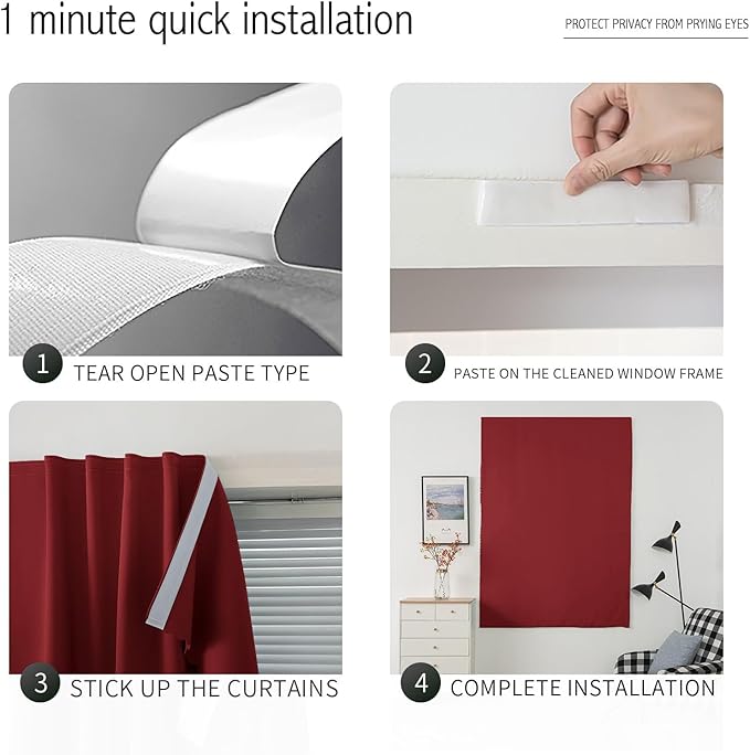 Self Adhesive Curtains, Stick Curtain Blackout Shades Window Cover Curtains for Living Room No Drilling, 59" W X 59" L, Burgundy, 1 Panel