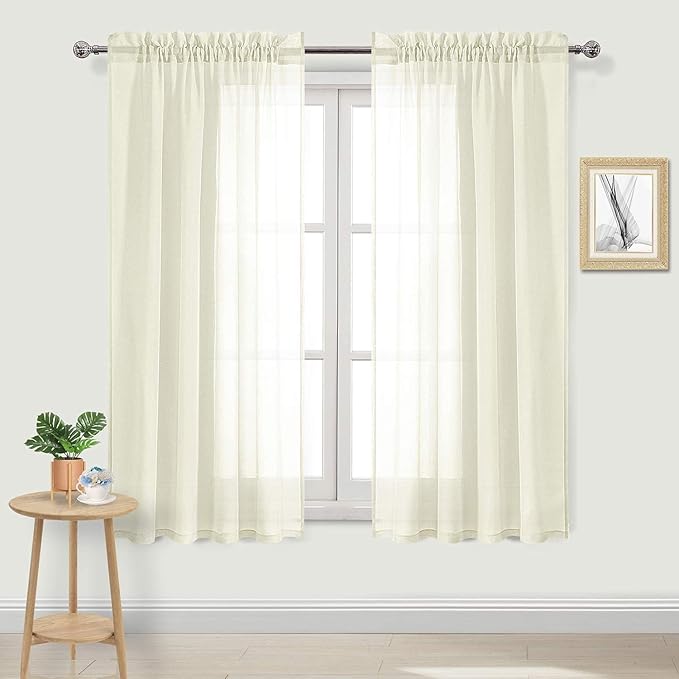 DWCN Ivory Sheer Curtains Semi Transparent Voile Rod Pocket Curtains for Bedroom and Living Room, 42 x 63 inches Long, Set of 2 Panels