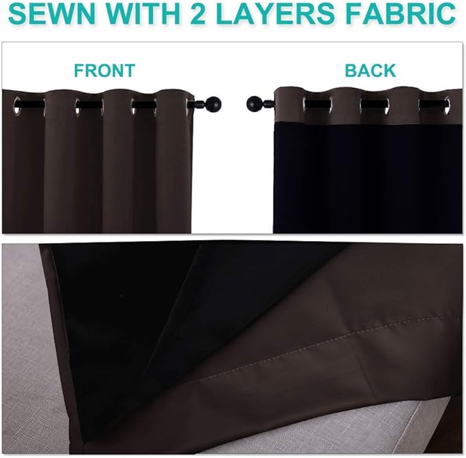 NICETOWN 100% Blackout Short Curtains with Black Liners, 2 Panels, 37" W by 63" L, Toffee Brown, Solid Thermal Insulated Full Blackout 2-Layer Lined Drapes, Energy Efficiency Window Drapes for Bedroom