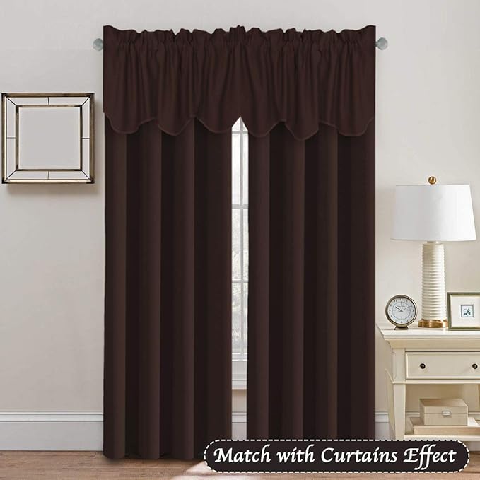 H.VERSAILTEX 2 Panels Blackout Curtain Valances for Kitchen Windows/Living Room/Bathroom Privacy Protection Rod Pocket Decoration Scalloped Window Valance Curtains, 52" W x 18" L, Chocolate Brown