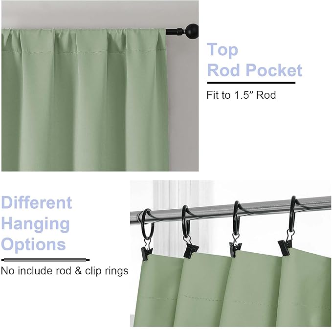 Simplebrand Ava Light Green Blackout Curtains for Bedroom 63 Inch Length 2 Panels Set, Solid Thermal Insulated Energy Saving Rod Pocket Window Treatment Curtains Blackout Drapes, W40 x L63 Inch