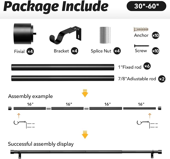 GEEBOBO 2 Pack Black Curtain Rods for Windows 28 to 48 Inch, 1 Inch Adjustable Heavy Duty Easy Install Curtain Rods Set for Outdoor, Patio, Farmhouse, Bedroom, Living Room (Black,30"-60",2 Pack)