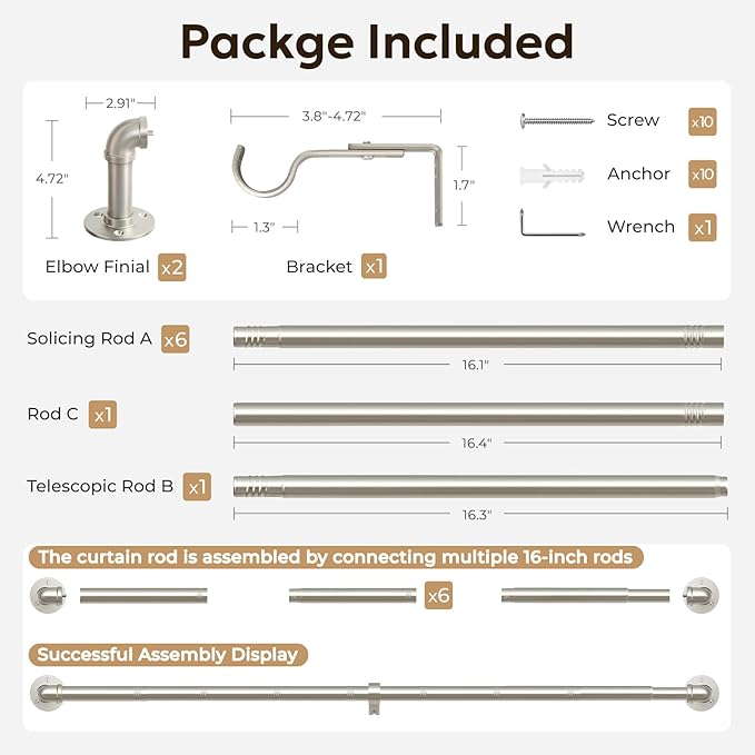 Zeerobee Curtain Rods for Windows 66 to 120, 1 Inch Industrial Wrap Around Brushed Nickel Curtain Rod, Indoor/Outdoor Room Divider Adjustable Drapery Pole, 66"-120"