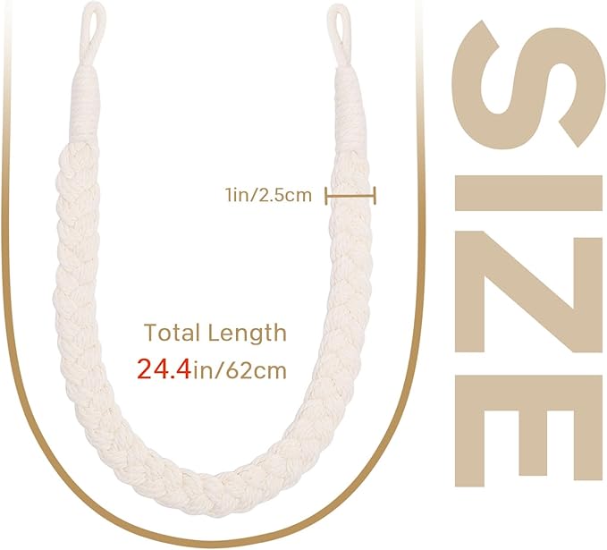 NICEEC 4 Pack Natural Cotton Rope Curtain Tiebacks Elegant Boho Style Decorative Drape Tie Backs Soft Hand-Woven Rope Curtain Holdbacks with Metal Hook for Home & Office Drapery (Cream)
