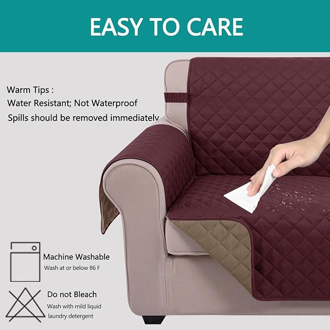 U-NICE HOME Reversible Sofa Cover Couch Cover for Dogs with Elastic Straps Water Resistant Furniture Protector for Pets Couch Cover for 3 Cushion Couch (Sofa, Burgundy/Tan)