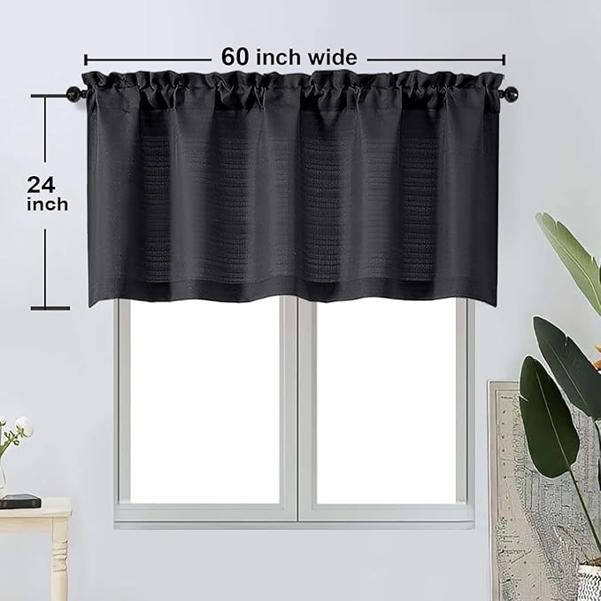 OWENIE Bob 1 PCS Black Valances for Windows, Faux Linen Textured Kitchen Window Curtains Valance for Bedroom Living Room, Modern Soft Airy Solid Rod Pocket Bathroom Cafe Curtain, 60Wx24L Inch
