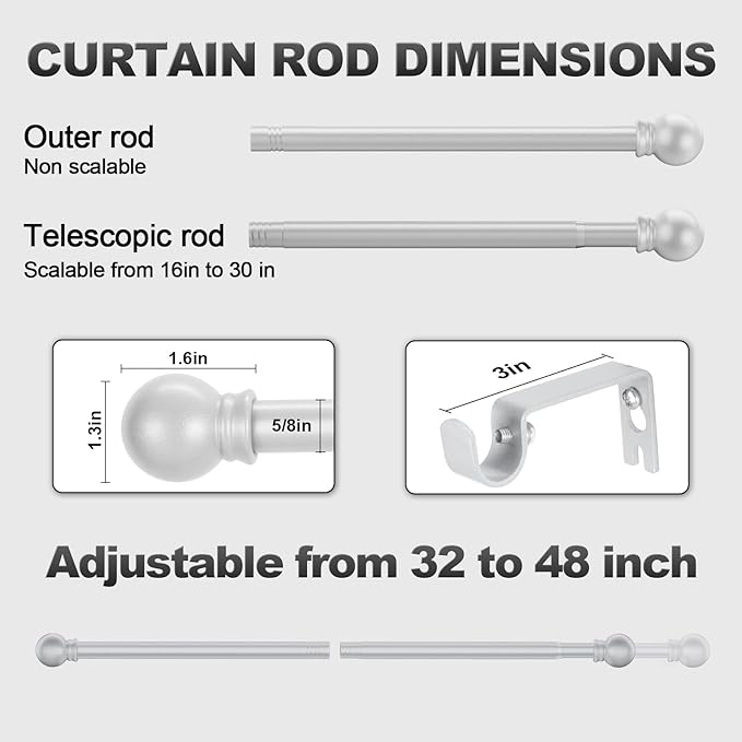 Silver Curtain Rods for Windows with Brackets,5/8 Inch Diameter Small Window Curtain Rod Adjustable 32 to 48 Inches,Easy Install Drapery Rods,Gray