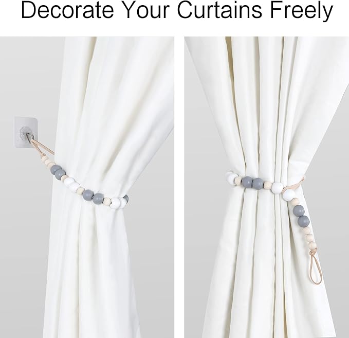 OCIOLI 4 Pieces of Wood Bead Curtain Tieback Boho Curtain Holdbacks Curtain Hooks for Wall Curtain Ties Curtain Tie Backs for Bedroom Decor Boho Nursery Decor(White, Grey, Wood Color, 4)