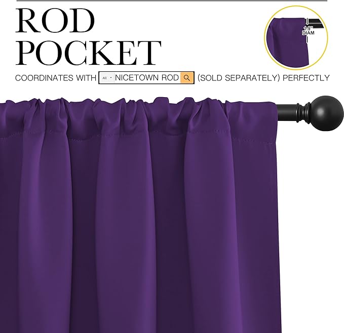 NICETOWN Blackout Curtains for Living Room - Triple Weave Home Decoration Thermal Insulated Solid Rod Pocket Blackout Drapes for Bedroom(Set of 2, 42 x 72 Inch, Royal Purple)