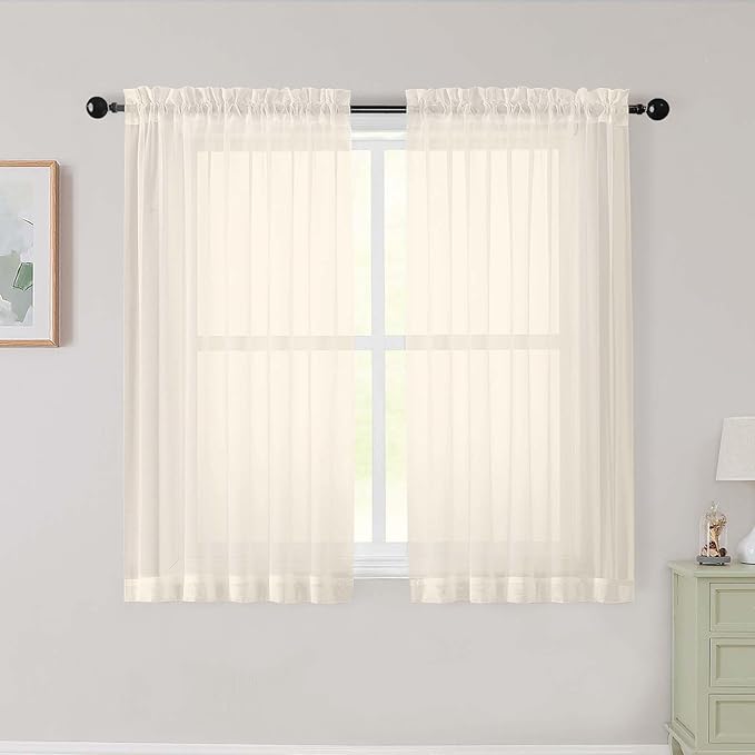 Cream Sheer Curtains for Bedroom Living Room 45 Inch Length 2 Panels, Soft Airy Light Filtering Small Kitchen Window Curtains, Rod Pocket Short Curtain Drapes, Cream, 42" Wx45 L Inches