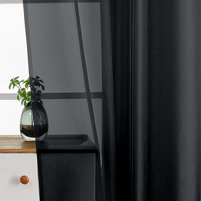 Black Small Sheer Curtains Tier 24 Inches Length 2 Pieces, Light Filtering Cafe Curtains Sheers for Living Room Bathroom, Modern Window Treatments Dual Rod Pocket Panels, 2X42Wx24L Inches