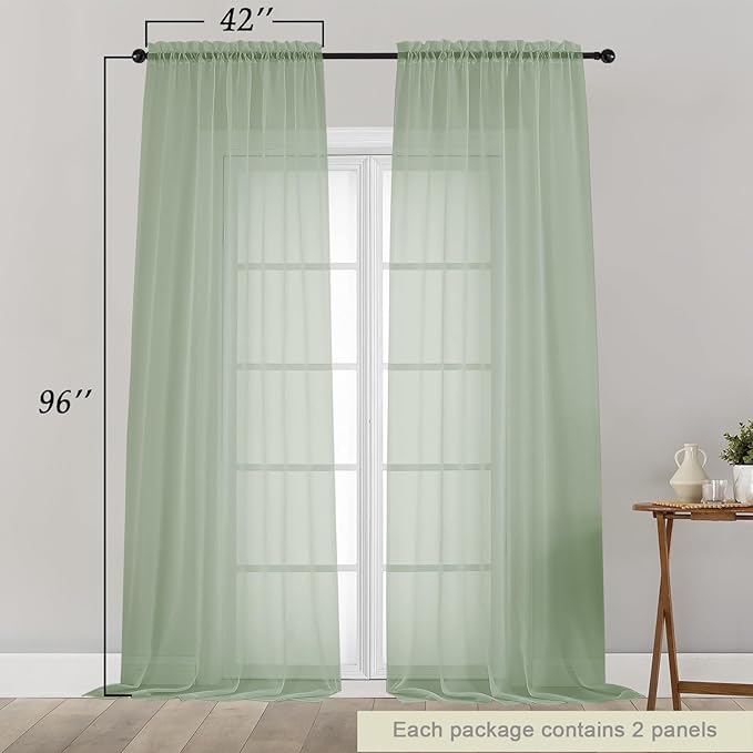 Sage Green Sheer Curtains for Bedroom Living Room 96 Inches Long 2 Panels, Modern Airy Soft Lightweight Rod Pocket Light Filtering Sheer Curtains Drapes, Sage Green, Each 42" Wx96 L Inch