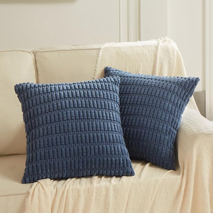 Fancy Homi 4 Packs Dusty Blue Decorative Throw Pillow Covers 24x24 Inch for Living Room Couch Bed Sofa, Rustic Farmhouse Boho Home Decor, Soft Plush Striped Corduroy Square Cushion Case 60x60 cm