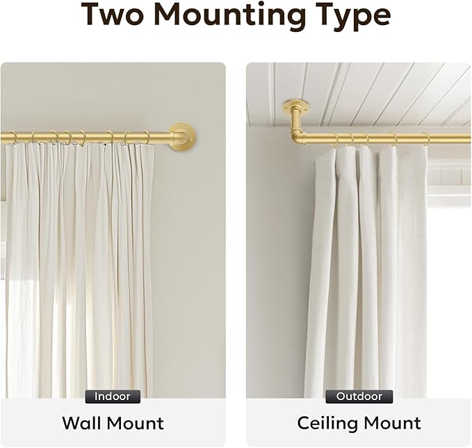 Zeerobee Curtain Rods for Windows 66 to 120, 1 Inch Industrial Wrap Around Gold Curtain Rod, Indoor/Outdoor Room Divider Adjustable Drapery Pole, 66"-120"