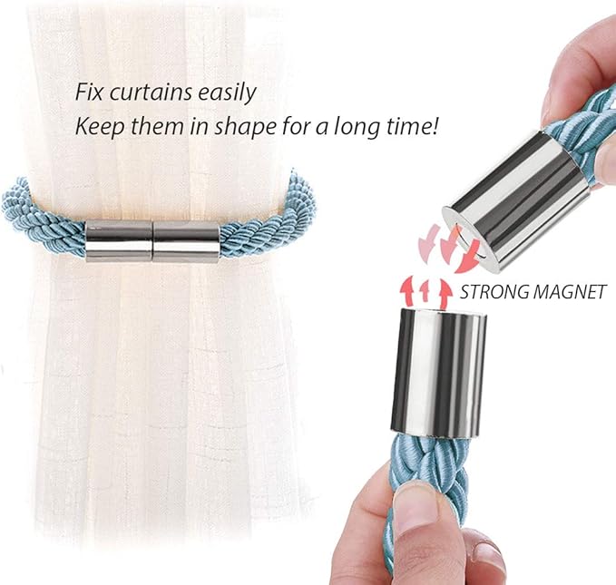 NICEEC 4 Pack Strong Magnetic Curtain Tiebacks Modern Simple Style Drape Tie Backs Convenient Decorative Weave Rope Curtain Holdbacks for Thin or Thick Home & Office Window Draperies (Teal)