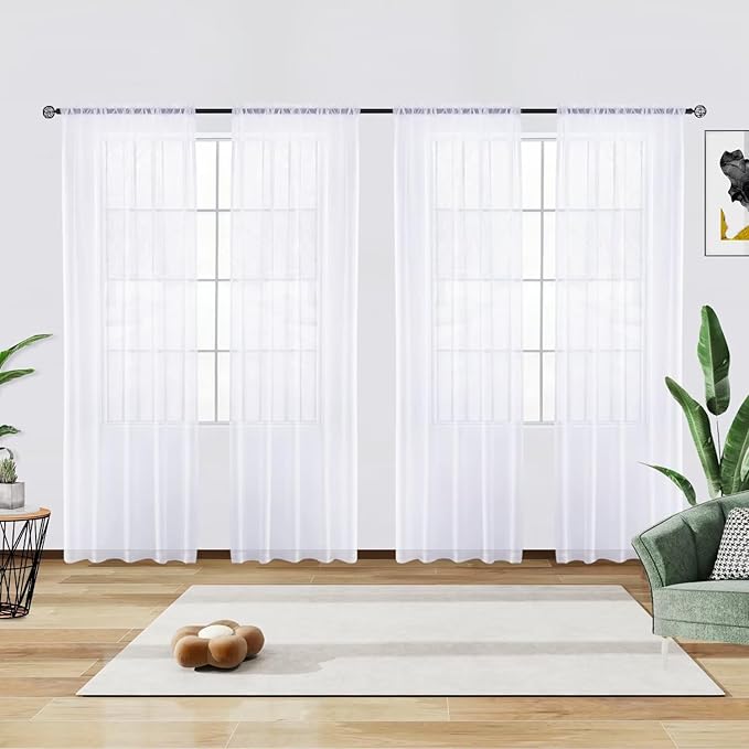 youleyar Solid Sheer Rod Pocket Curtain Voile Draperies 4 Panels White Beige Black Grey Ivory 52 Inch Width 63 Inch Long 1 Pair for Kitchen Bedroom Children Living Room Yard(Optical White,52 Wｘ63 L)