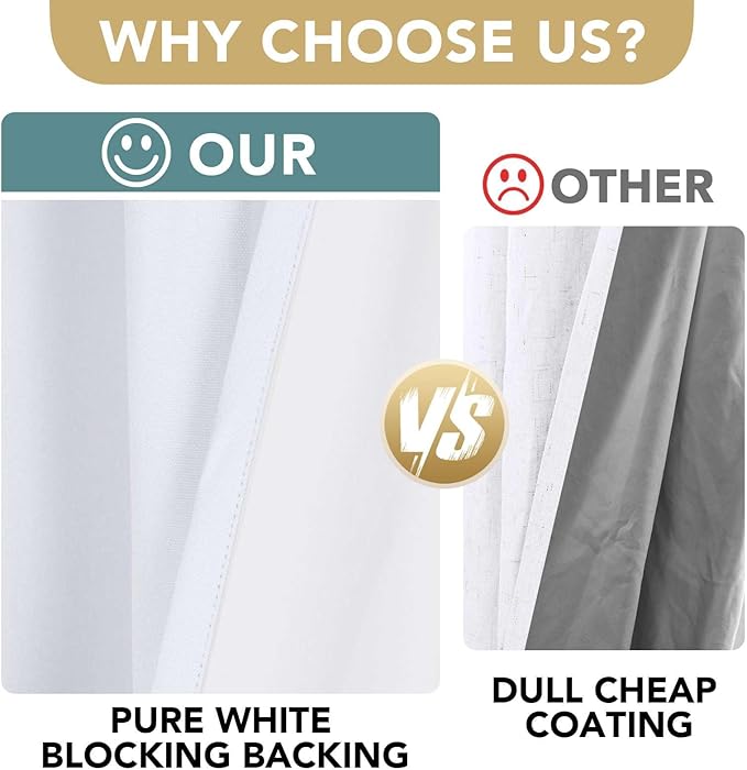 H.VERSAILTEX Linen Blackout Curtains 45 Inches Long 100% Blackout Thermal Insulated Textured Linen Look Curtain Draperies Anti-Rust Grommet, Energy Saving with White Liner, 2 Panels, Bright White