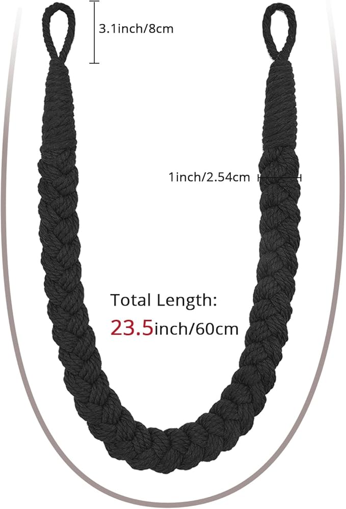 NICEEC 4 Pack Natural Cotton Rope Curtain Tiebacks Elegant Boho Style Decorative Drape Tie Backs Soft Hand-Woven Rope Curtain Holdbacks with Metal Hook for Home & Office Drapery (Black)