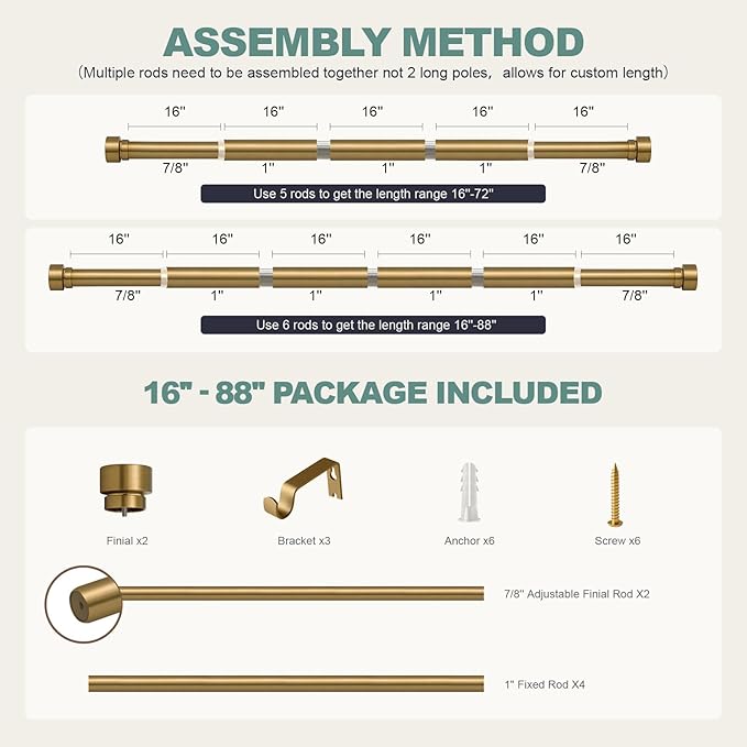 Lootkell Warm Gold Curtain Rods for Windows 48 to 84 Inches Adjustable Length Heavy Duty 1" Diameter Brass Window Curtain Rod with Solid Metal Finials for Outdoor Farmhouse Bedroom Kitchen Living Room