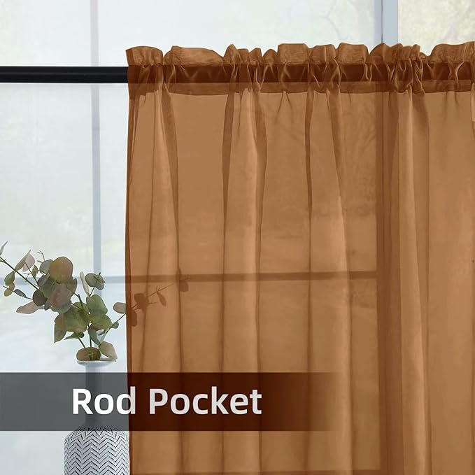 youleyar Solid Sheer Rod Pocket Curtain Voile Draperies 2 Panels White Beige Black Grey Ivory 52 Inch Width 63 Inch Long 1 Pair for Kitchen Bedroom Children Living Room Yard (Light Brown,52Wｘ63L)
