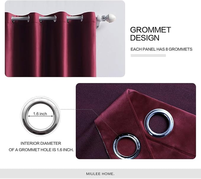 MIULEE Christmas Burgundy Velvet Curtains Solid Soft Red Blackout Curtain Grommet Top Thermal Soundproof Room Darkening Curtains/Drapes/Panels for Living Room Bedroom 52 x 63 Inch 2 Panels