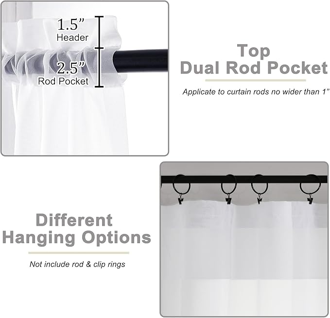 Kitchen Curtains 24 Inch Length Tier 2 Pieces, White Sheer Curtain Solid Soft Sheer Short Curtains for Windows, Cafe Bathroom Basement Rod Pocket Drapes, White, Each 42" Wx24 L Inches