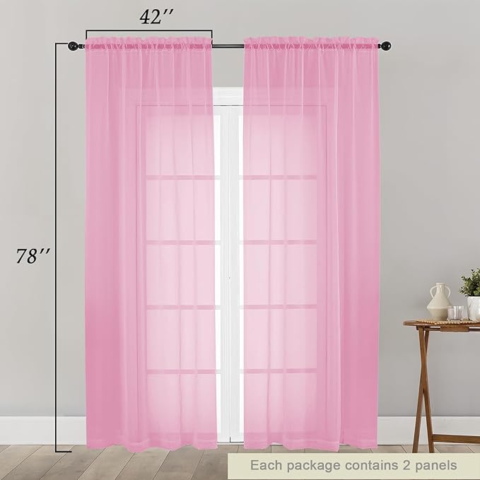 Pink Sheer Curtain for Bedroom Living Room 78 Inches Long 2 Panels Set, Solid Soft Airy Light Filtering Sheer Window Curtains, Modern Rod Pocket Door Curtain, Pink, 42" Wx78 L Inches