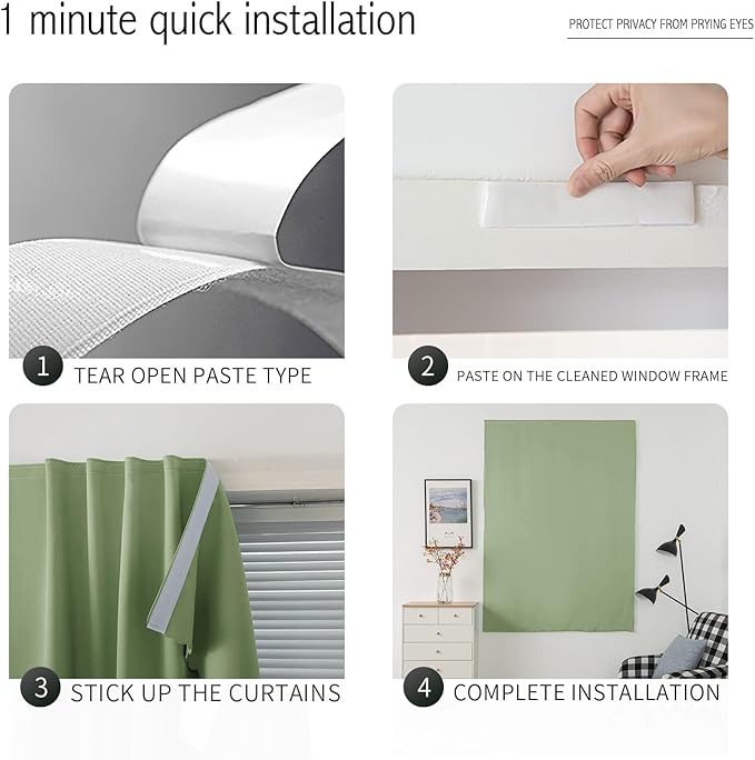 Magic Tape Blackout Curtains for Bedroom No Drillng Self Adhesive Curtains No Rod Small Window, 59" W X 96" L, Sage Green, 1 Panel
