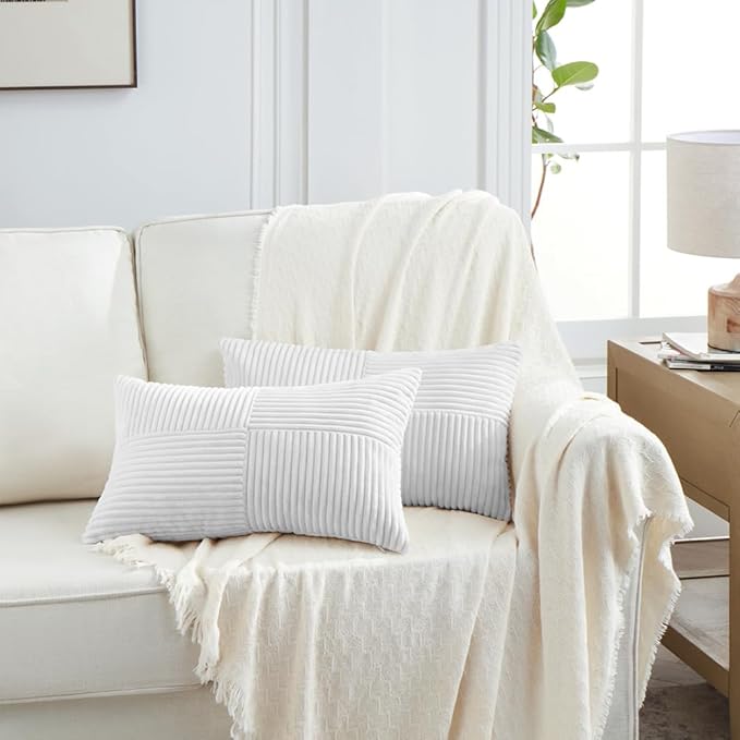 Fancy Homi 2 Packs White Lumbar Decorative Throw Pillow Covers 14x24 Inch for Couch Bed Sofa, Rustic Farmhouse Boho Home Decor, Soft Striped Corduroy Rectangle Accent Cushion Case 35x60 cm