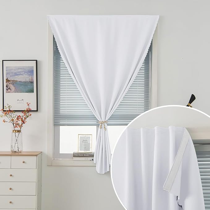self Adhesive Curtains Portable Blackout Curtain Simple and Easy to Install Bedroom Window Thermal Lnsulated Kitchen Room Darkening Black Small Drapes, 35" W X 79" L, White, 1 Panel