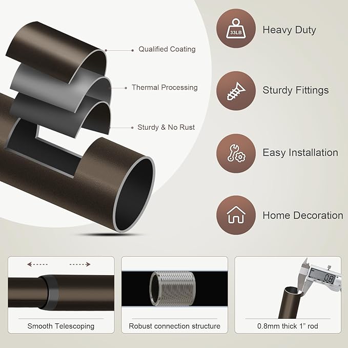 Lootkell Modern Brown Curtain Rods for Windows 66 to 120 Inches Adjustable Length Heavy Duty 1" Diameter Window Curtain Rod with Decorative Finials for Outdoor Farmhouse Bedroom Kitchen Living Room
