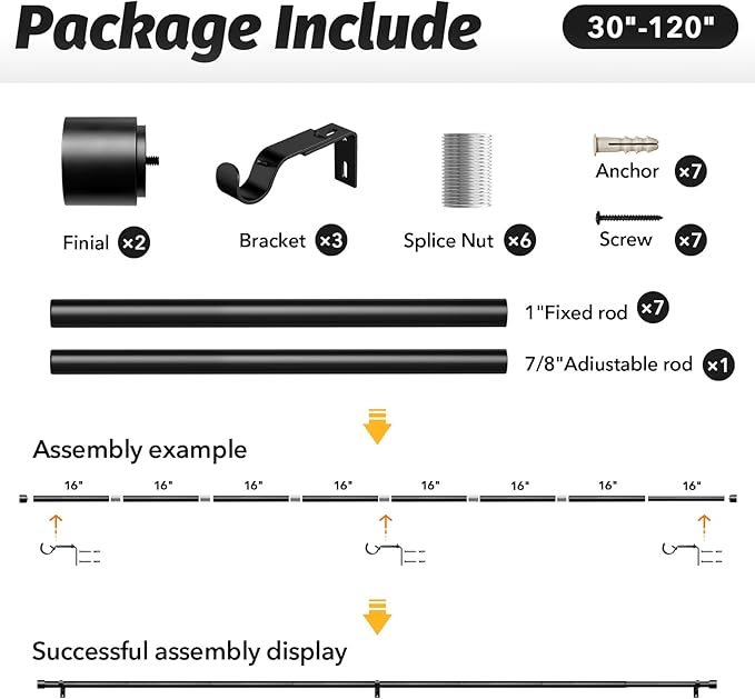 GEEBOBO Black Curtain Rods for Windows 66 to 120 Inch, 1 Inch Adjustable Heavy Duty Easy Install Curtain Rods Set for Outdoor, Patio, Farmhouse, Bedroom, Living Room (Black, 30"-120")