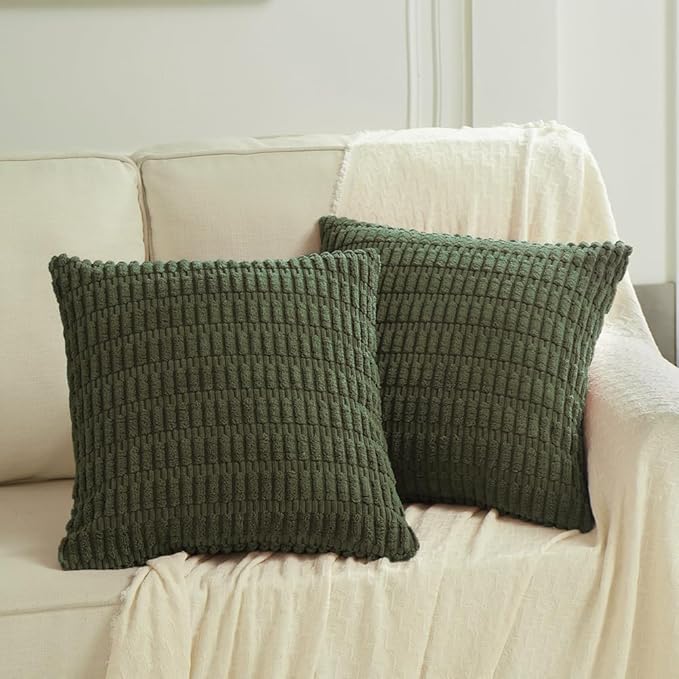 Fancy Homi 4 Packs Boho Olive Green Decorative Throw Pillow Covers 20x20 Inch for Couch Bed Sofa, Rustic Modern Farmhouse Home Decor, Soft Plush Corduroy Square Cute Cushion Case 50x50 cm