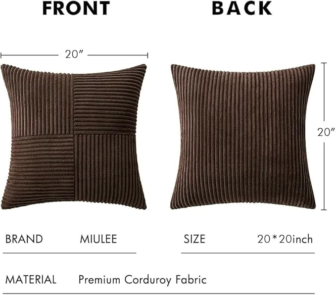 MIULEE Dark Brown Decorative Throw Pillow Covers 20x20 Inch for Couch Bed Sofa Pack of 2 Boho Farmhouse Throw Pillows Soft Cross Corduroy Patchwork Textured Cushion Cases