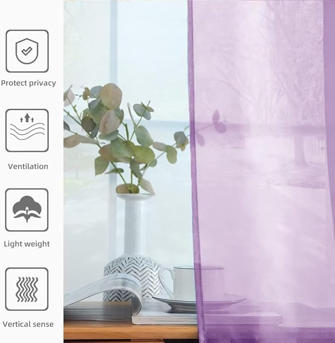 youleyar Solid Sheer Rod Pocket Curtain Voile Draperies 2 Panels White Beige Black Grey Coffee 52 Inch Width 84 Inch Long 1 Pair for Kitchen Bedroom Children Living Room Yard (Lavender,52Wｘ84L)