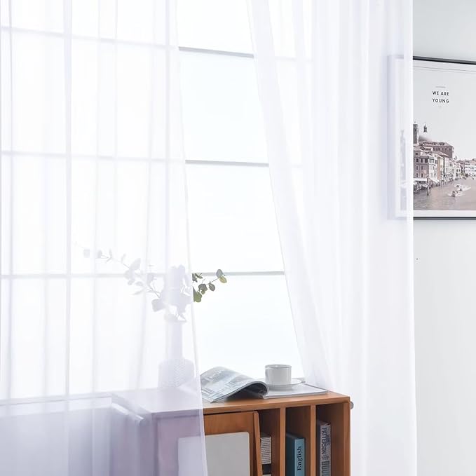 SpaceDresser Optical White Sheer Curtains 4 Panels Rod Pocket Semi-Sheer Curtain 45 Inches Long Light Filtering Voile Window Drapes for Bedroom Living Room Kitchen, Each 52W x 45L