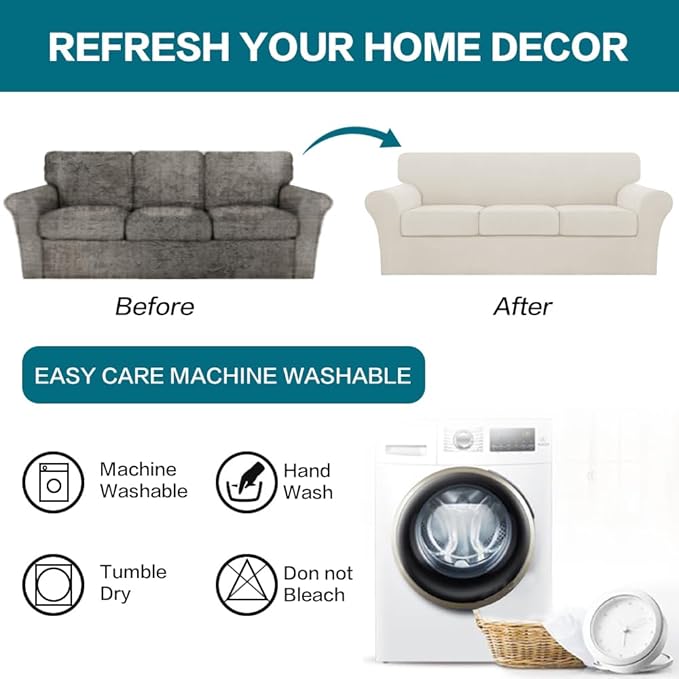 Turquoize 4 Piece Sofa Covers for 3 Cushion Couch Sofa Slipcover Soft Couch Cover for Dogs-Washable Sofa Furniture Covers with 3 Individual Large Cushion Covers (XL Sofa, Cream)