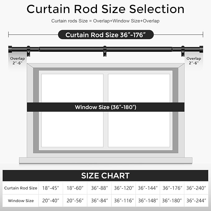 Black Curtain Rods for Windows 120 to 170 Inch(3-14 Feet),extra long drapery rod for large window,1" Diameter Rods with Modern Style End Cap Finials,Size:36-176 Inch