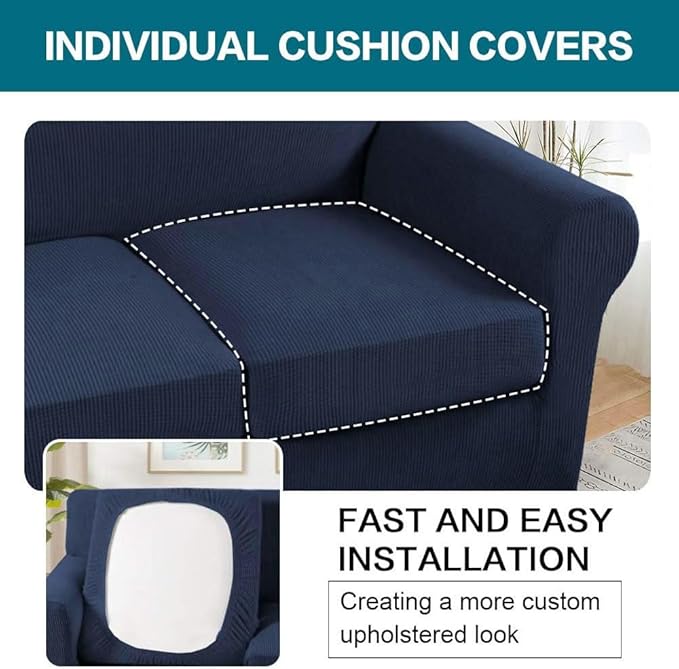 Turquoize 4 Piece Sofa Covers for 3 Cushion Couch Sofa Slipcover Soft Couch Cover for Dogs-Washable Sofa Furniture Covers with 3 Individual Large Cushion Covers, Feature Thick Fabric (XL Sofa, Navy)