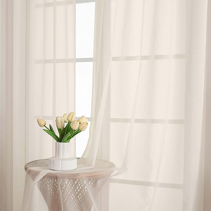Chyhomenyc Cream Sheer Curtains 90 Inches Long 2 Panels, Light Filtering Cream Curtains for Living Room, Soft Gentle Voile Rod Pocket Bedroom Window Drapes, 59Wx90L Inch, 2PCS