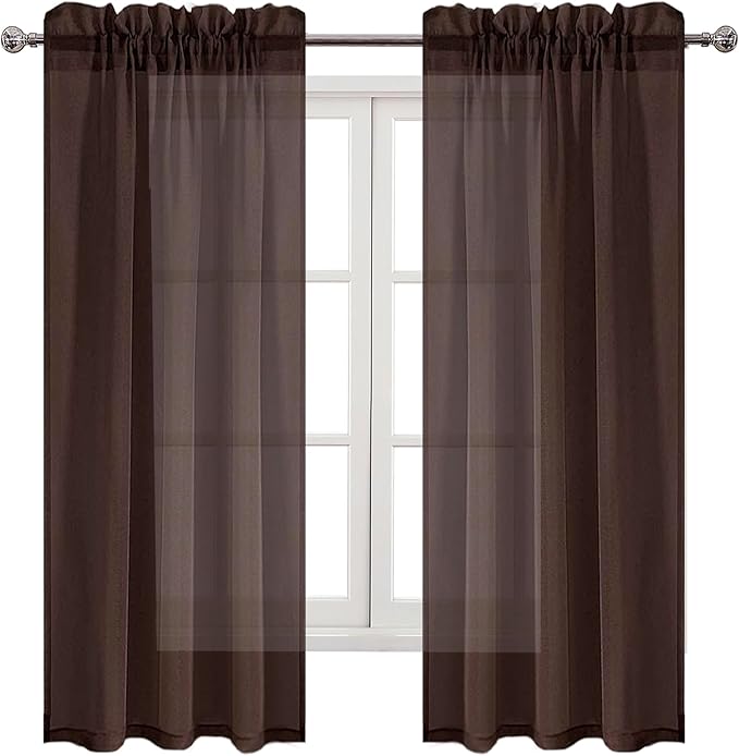 DWCN Brown Sheer Curtains Semi Transparent Voile Rod Pocket Curtains for Bedroom and Living Room, 42 x 63 inches Long, Set of 2 Panels