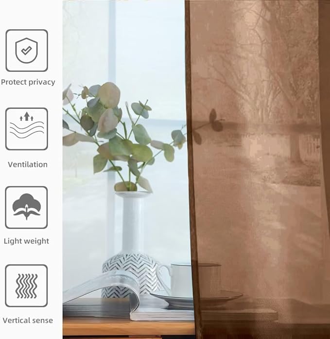 youleyar Solid Sheer Rod Pocket Curtain Voile Draperies 2 Panels White Beige Black Grey Coffee 52 Inch Width 63 Inch Long 1 Pair for Kitchen Bedroom Children Living Room Yard (Brown,52Wｘ63L)