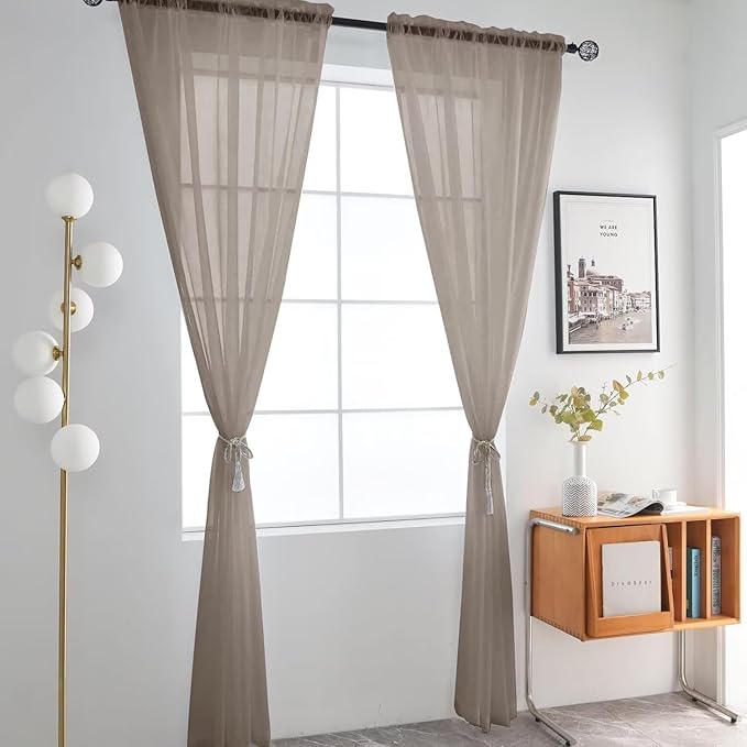 SpaceDresser Basic Rod Pocket Sheer Voile Window Curtain Panels Taupe 1 Pair 2 Panels 52 Width 108 Inch Long for Kitchen Bedroom Children Living Room Yard（Taupe, 52W x 108L）