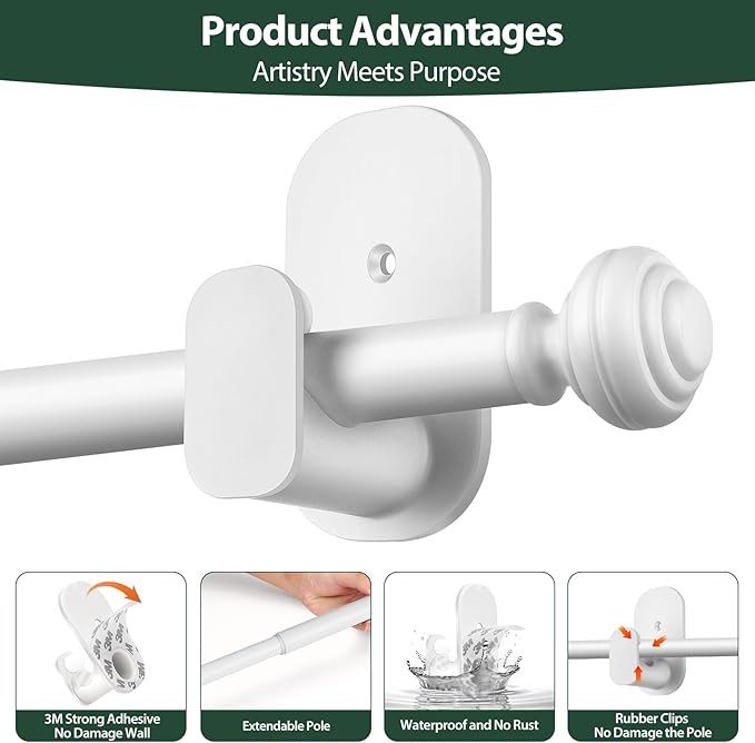KAMANINA Curtain Rods No Drilling for Windows 16 to 30 Inches, 5/8 Inch Small Curtain Rod 2 Pack for Door Screwless with Adhesive Brackets without Drilling, White