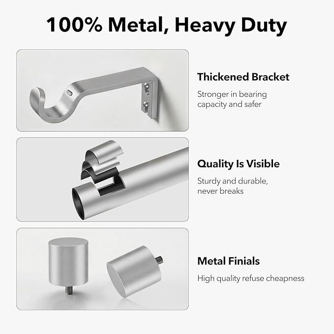 IFELS Heavy Duty Curtain Rods for Windows 72 to 144 Inch, 1 Inch Silver Curtain Rods for Outdoor, Farmhouse, Bedroom, Kitchen, Living Room, Adjustable Easy Install Drapery Rod (A2,Silver,30"-150")