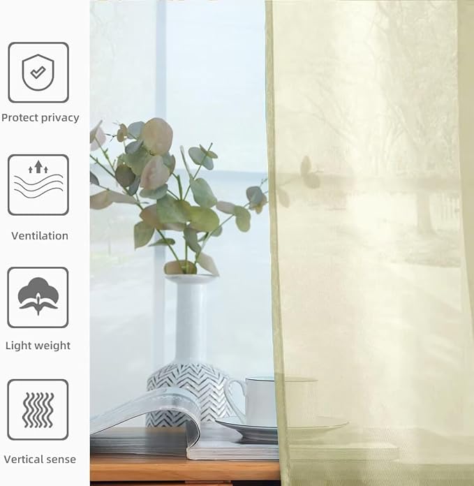 youleyar Solid Sheer Rod Pocket Curtain Voile Draperies 2 Panels White Beige Black Grey Ivory 52 Inch Width 45 Inch Long 1 Pair for Kitchen Bedroom Children Living Room Yard (Sage Green,52Wｘ45L)