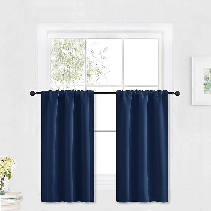 RYB HOME Kitchen Blackout Curtains Over Sink 36 inch Length, Rod Pocket Summer Light UV Blocking Energy Efficient, Cabinet Shelf Cupboard Coverings, Width 29 by Length 36, Navy Blue, 2 Panels